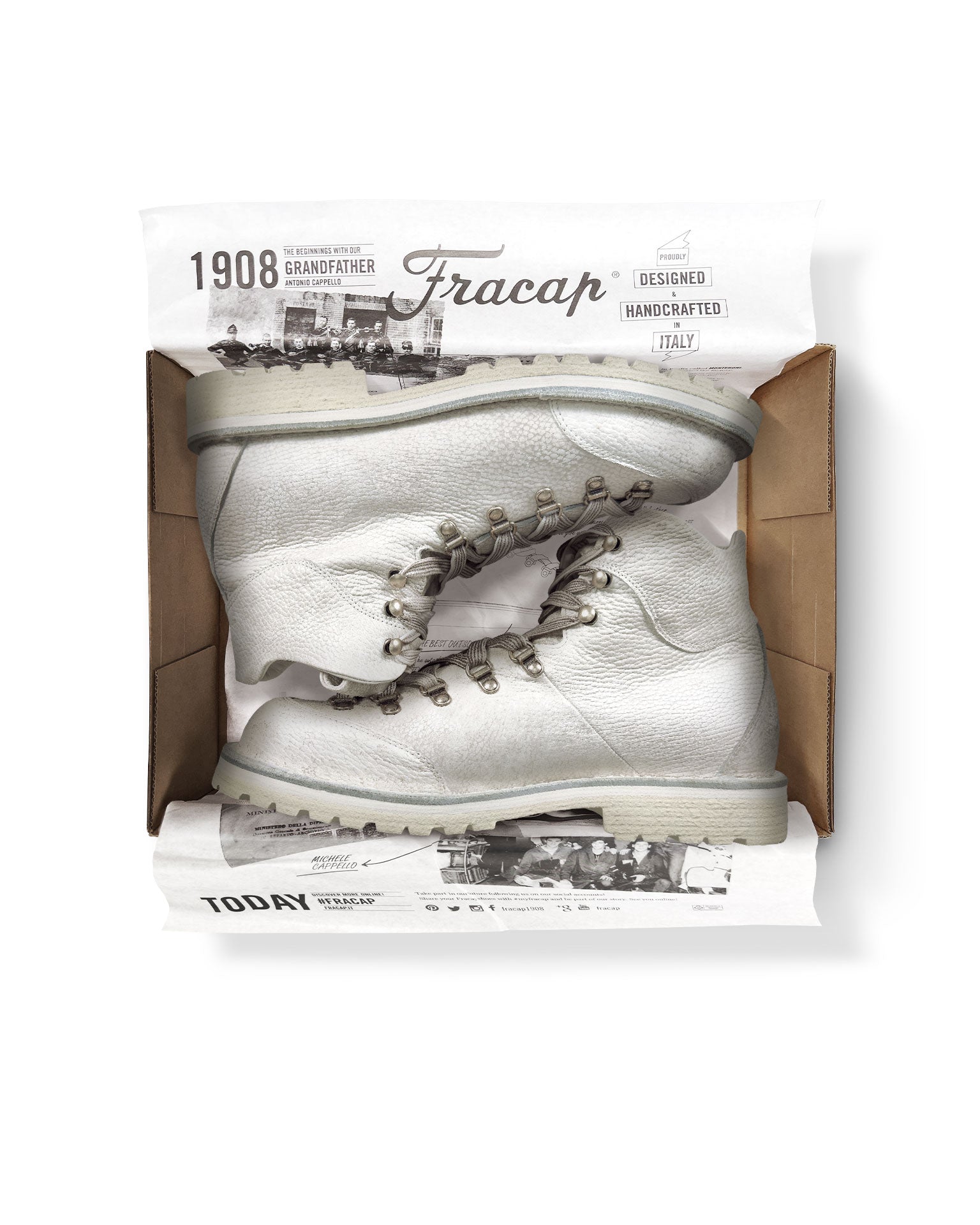 Close-up in box view of the Untitled Artworks x Fracap Destroyer Boot in White, showcasing the distinctive spray-effect finish and premium leather construction.