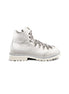 Close-up side view of the Untitled Artworks x Fracap Destroyer Boot in White, showcasing the distinctive spray-effect finish and premium leather construction.