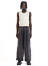 Front view of the blue corduroy pants showing the wide-leg cut and pleated front