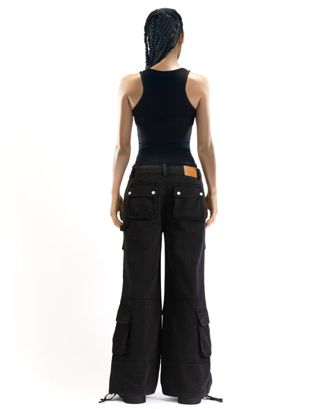 Back angle of the cargo pants highlighting the relaxed silhouette and rear pockets
