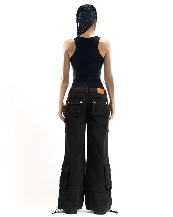 Back angle of the cargo pants highlighting the relaxed silhouette and rear pockets