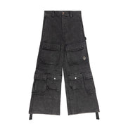 Close-up of drawstring hem and stone-washed cotton fabric with logo patch detail